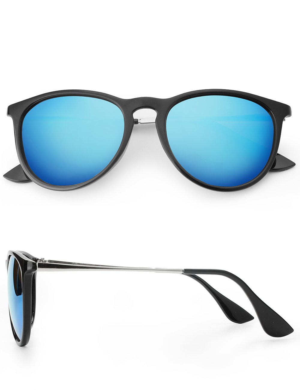 WELUK Wayfarer Sunglasses Polarized Women Men 60mm Round Retro Large Lens (Black & Blue, 60)