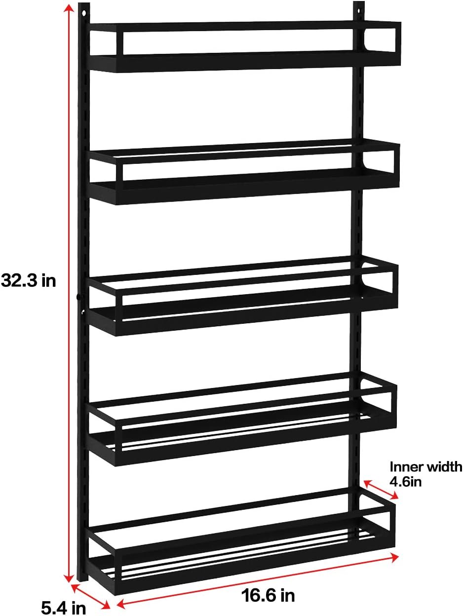 X-cosrack Wall Mount Spice Rack Organizer 5 Tier Height-Adjustable Hanging Spice Shelf Storage for Kitchen Pantry Cabinet Door, Dual-Use Seasoning Holder Rack with Hooks, Black-Patent Pending: Home Improvement