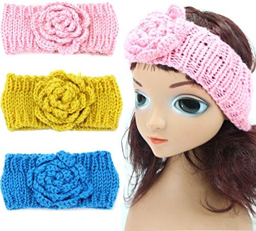 Urbun Baby Girls Headbands Rose Flowers Wool Hand-knitted Turban Hairbands (3 Pack)