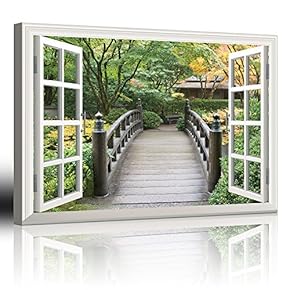 Modern White Window Looking Out Into a Bridge Surrounded by Yellow and Green Trees - Canvas Art Home Art - 24x36 inches