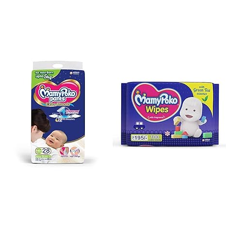 MamyPoko Pants Extra Absorb Diapers, New Born (28 Count) & MamyPoko Wipes with Green Tea Essence - Pack of 100 * 2 Wipes with Fragrance (100 * 2 = 200 Wipes)