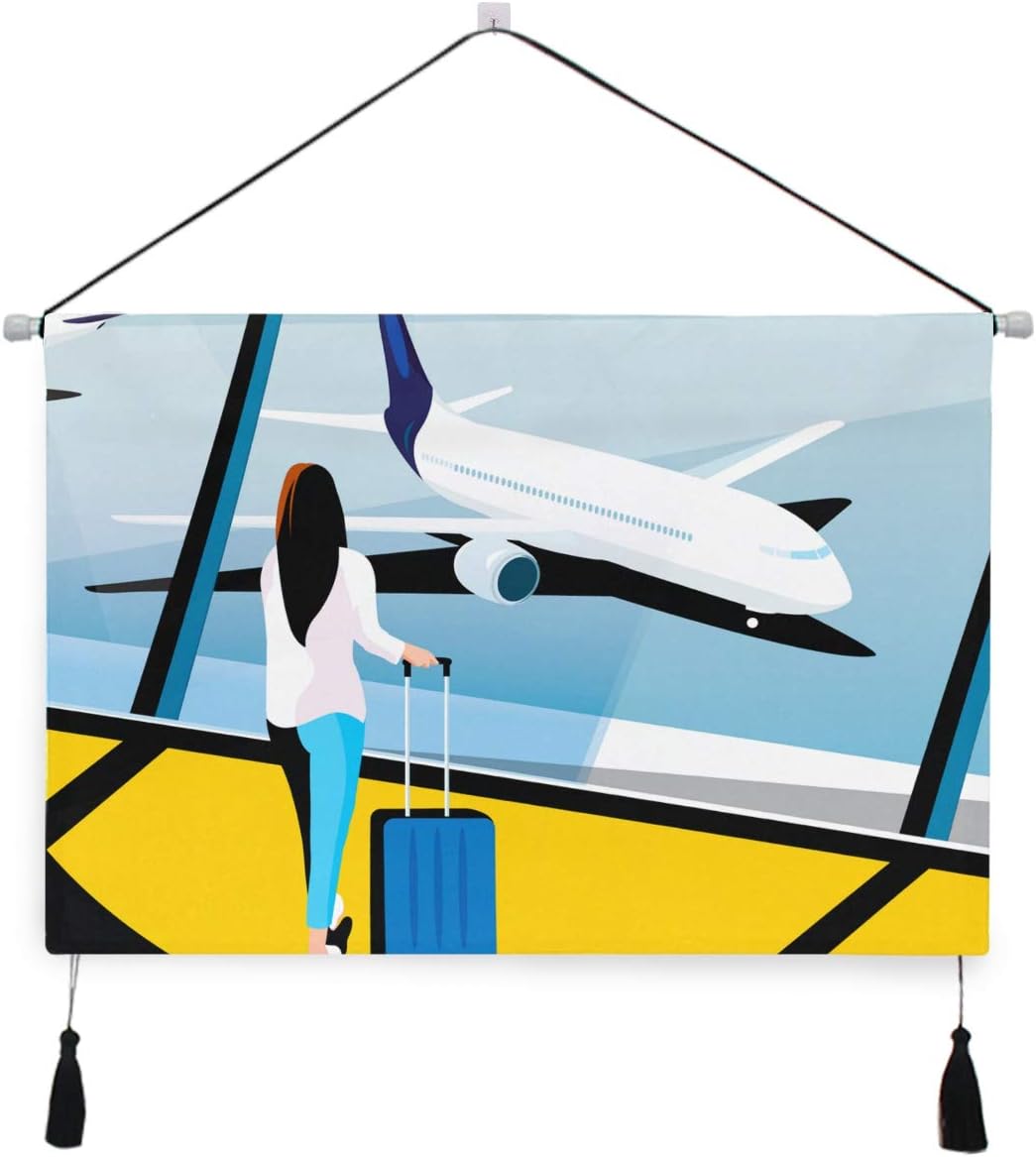 Amazon Co Jp Bohomonos 装飾 ホーム タペストリー 空港の滑走路に飛行機を見てスーツケースを持つ女性 インテリア 壁掛け写真 ポスター 絵画 掛けるおしゃれな部屋飾り絵 巻物 壁 モダンアート ホーム キッチン