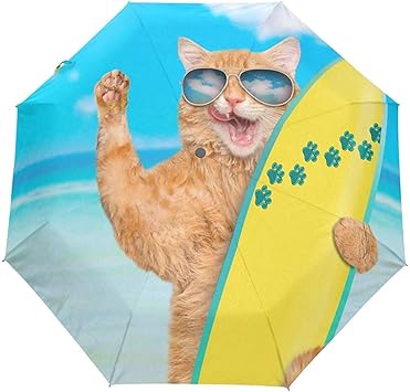 Poids Leger De Voyage De Coupe Vent De Chat Drole De Plage D Ocean De Parapluie De Fermeture Automatique De 3 Plis Amazon Fr Bagages