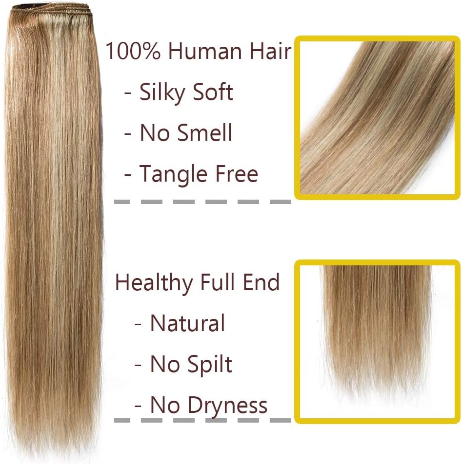 8PCS Clip in Human Hair Extensions 14inch #12/613 Golden Brown&Bleach Blonde -Basic Thickness 60g- Straight Remy Hair Extensions - Image 3