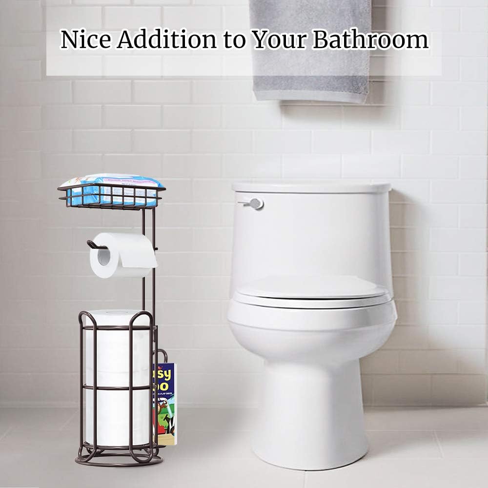 [Upgrade] Toilet Paper Holder Stand with Shelf Tissue Holders for Bathroom FreeStanding Bath Tissue Roll Holder for Mega Rolls/Phone/Wipe/Magazine-Bronze: Kitchen & Dining