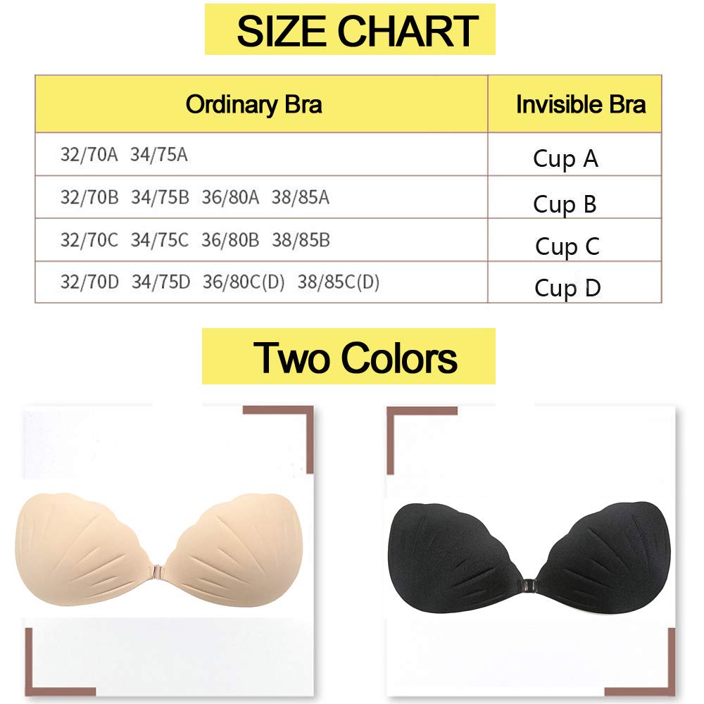 Women Push Up Strapless Sticky Plunge Bra Shells Shape Invisible Reusable Lift Self Adhesive Bra (Beige, B)