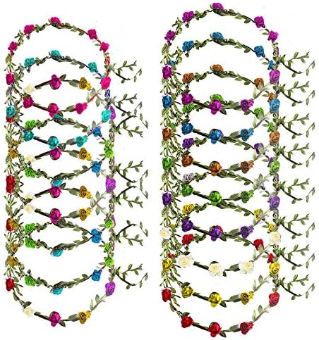 MHMJON Flower Crown Headband Floral Wreath Garland Adjustable Sillk Green Leaves Ribbon Women Grils Kids Hair Accessories Wedding Boho Party Photography Props 15pcs Assorted Colored