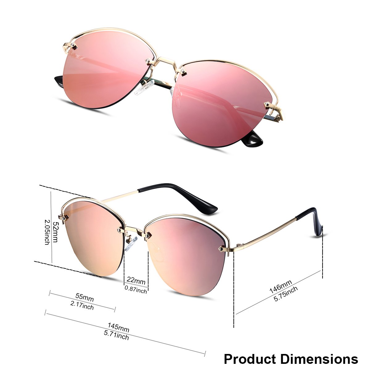 Semi Rimless Polarized Sunglasses Women Copper Frame Oval Shape Mirrored Lens (Pink, 55)