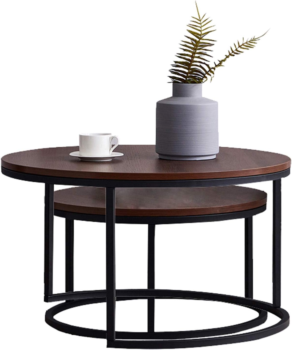 Knowlife Coffee Table Set of 2 Nesting Tables Modern Round Walnut Top End Table for Living Room and Small Space, Black,32”…: Kitchen & Dining