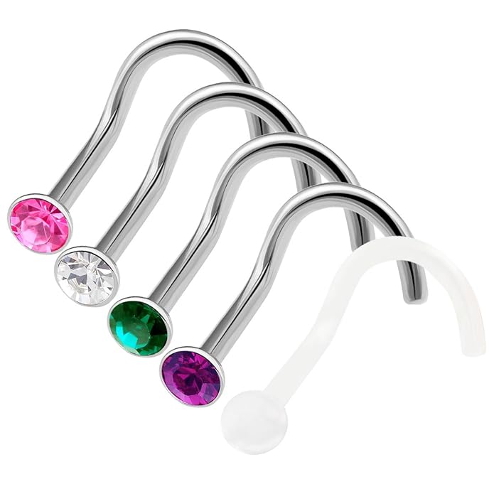 5Pcs 20g 0.8mm Nose Screw Rings Nostril Surgical Stainless Steel with 2