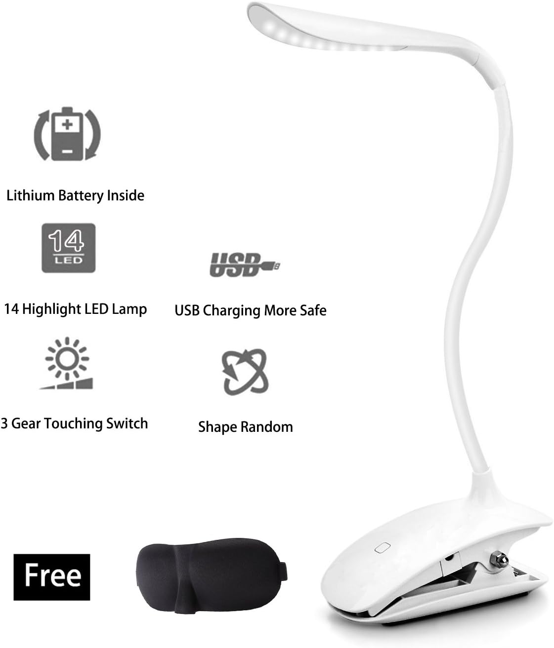 Clip-On Desk Lamp - 14 Long Life LEDs - Rechargeable Led Lamp - Built-in 500mAh Rechargeable Lithium Battery - 3 Brightness Level Touch Dimmer -Foldable Portable Lightweight Indoor & Outdoor Use