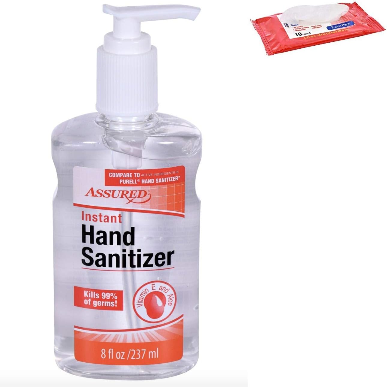 Assured Hand Sanitizer with Aloe, 8 oz. Pump Bottle bundled with Travel Pack Antibacterial Wet Wipes 10 count