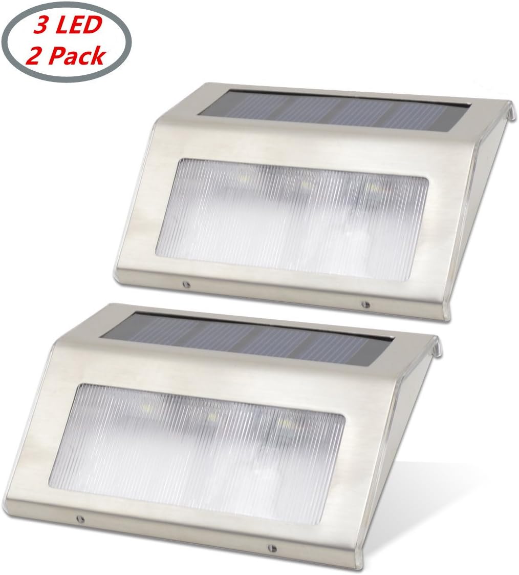 [New Version 3 LED] GMFive 2 Pack 3 LED Solar Powered Wireless Stainless Steel Staircase Step White Light Stairways Path Landscape Garden Floor Wall Patio Lamp Modern FixtureWhite