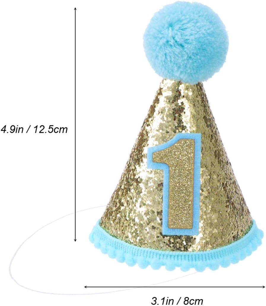 Glitter Sparkle 1St Birthday Cone Hat with Adjustable Headband for Baby Party Supplies - Blue Pom Pom Party Hat for Kids - Image 5