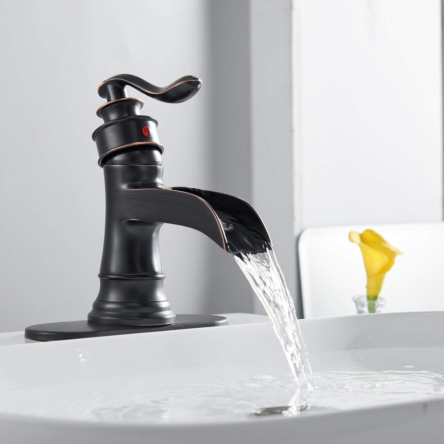 Waterfall Bathroom Faucet Oil Rubbed Bronze Sink with Pop Up Drain Stopper Faucets Single Hole Rustic Vanity Farmhouse Overflow One Handle Bath Black Commercial Assembly Lead-Free by Homevacious - - 