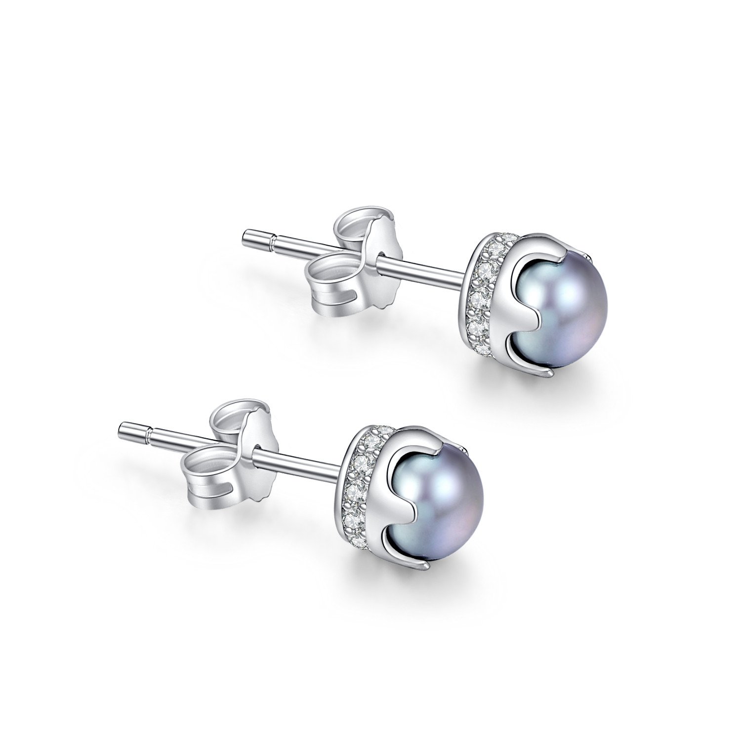 Ohrringe Damen, 5.5mm Perlen Ohrstecker, Berry elf Ohrstecker Silber 925 Set, 5A Zirkonia Damen Ohrstecker Silber Schmuck Damen (Perlenfarbe: Grau)