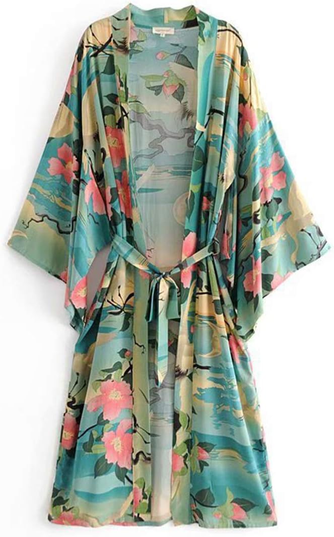 Seamido Women's Kimono Dressing Gown Long Floral Cardigan Boho Beach Cover Up Sheer Blouse Loose Shawl Beachwear