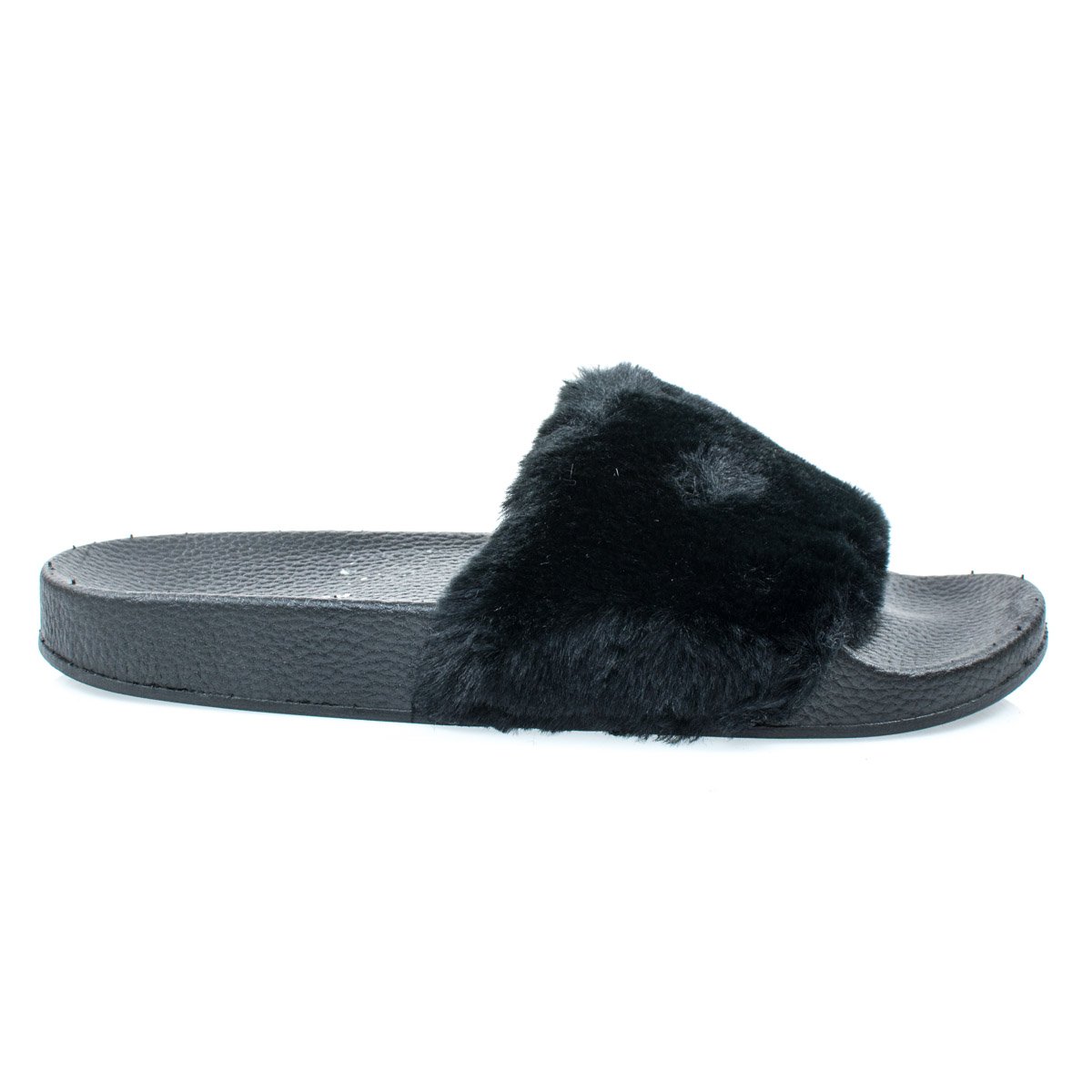 Izzy19FBA- Black Fluffy Furry Faux Fur Single Band Slide, Slipper Sandal w Footbed Folding -10