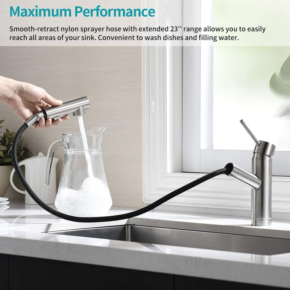Pull Out Kitchen Sink Faucet in Brush Nickel, cUPC Certified Sink Bar Faucet Single Hole, Prep Sink Faucet with Sprayer in Brushed Nickel - - 