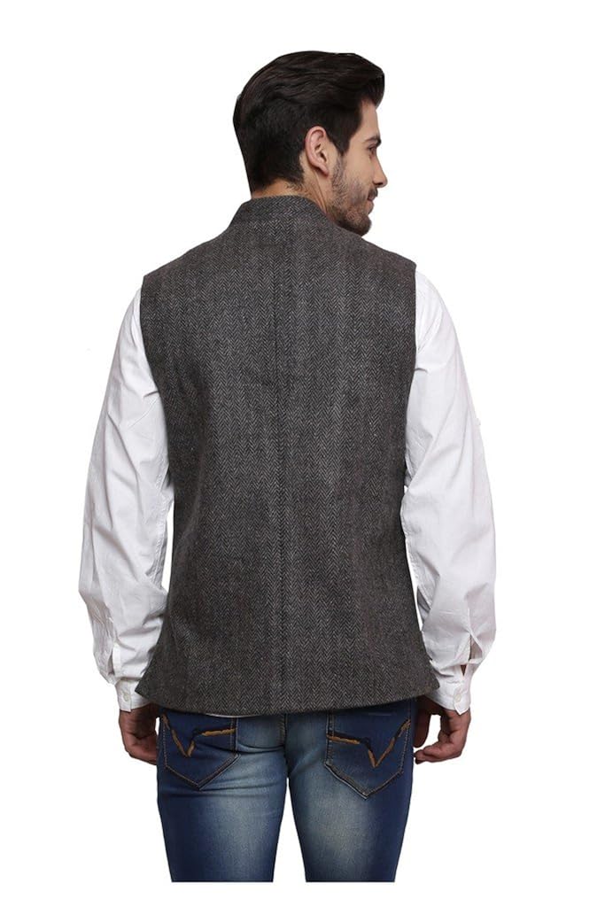 dhrohar men's woolen black textured nehru waistcoat