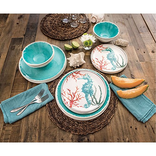 18 Piece Melamine Dinnerware Set Sealife Design (Teal Sea Horse)