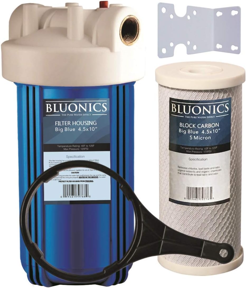BLUONICS 4.5 x 10" Whole House Water Filter with 5 Micron 4.5 x 10" Carbon/Charcoal Block Filter Cartridge for Chlorine, Herbicides, Insecticides, Bad Taste and Odor
