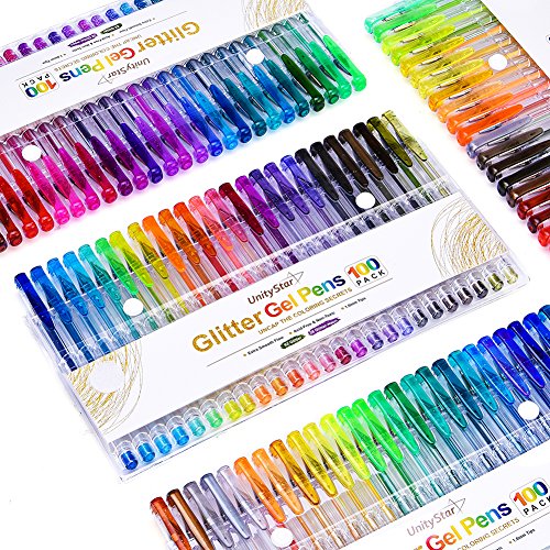 200 Glitter Gel Pens, UnityStar Gel Pen Set with 100 Sparkly Glitter Colors & 100 Ink Refills for Kids Adult Coloring Book Drawing Doodling Writing Highlighting