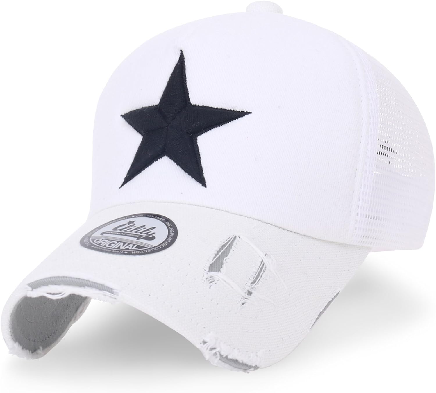 (イリリリー) ililily スターエンブロイダリー トラッカーハット コットン メッシュ帽 ベースボールキャップ (Medium, White Mesh)