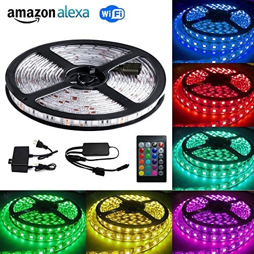 LVGOO Wifi Smart 12V RGB LED Light Strip, Smart Phone 24 Key Remote Control,16.4ft 300leds 5050 Waterproof LED Lights,Works with eFamilyCloud App, Alexa, for Party, Decoration, Lighting, Gift
