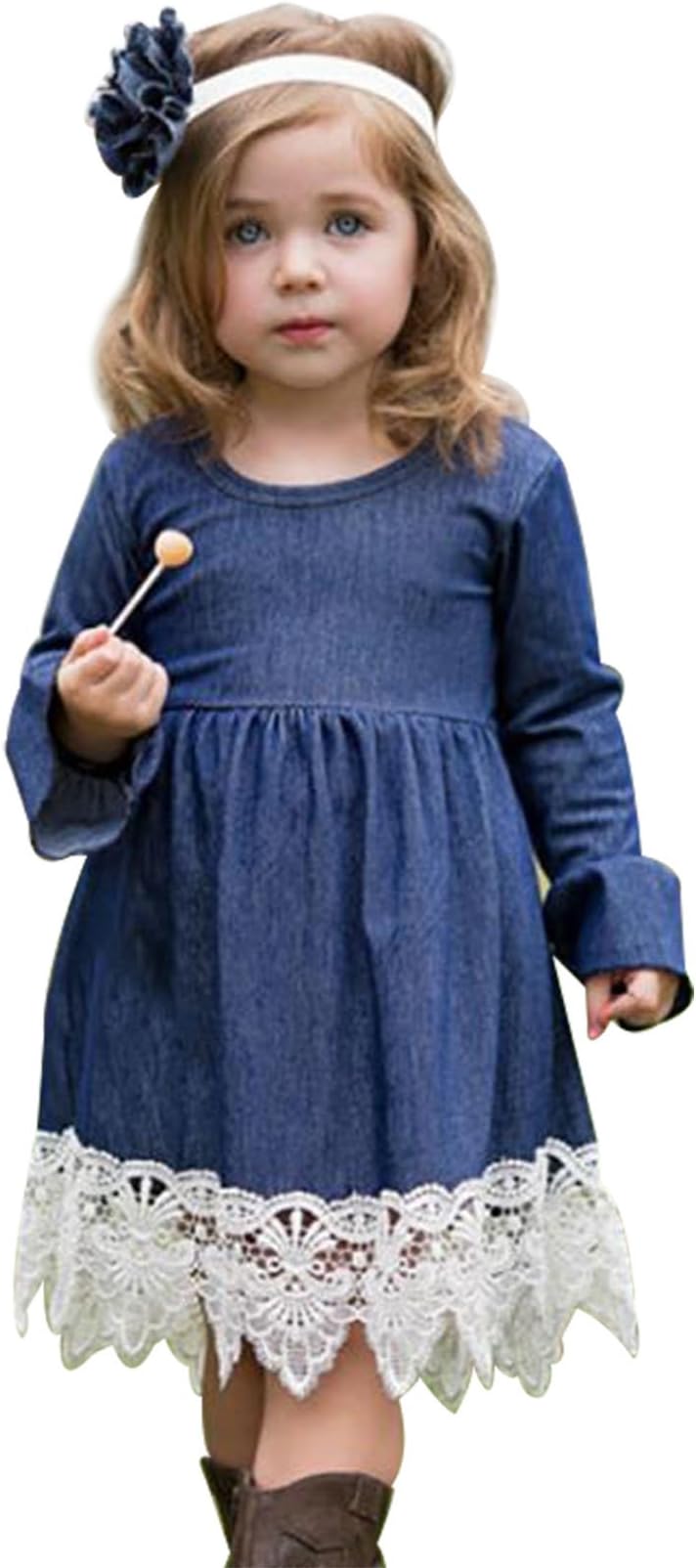Girls Princess Long Sleeve Denim Lace Evening Dress Kids Party Dress