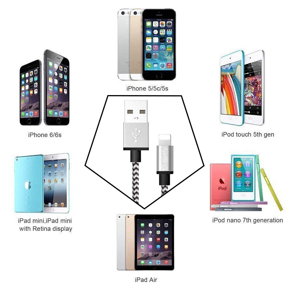 Bkinsety 5 Pack Nylon Tressé USB Câble Sync Recharge Câble Connecteurs de Cordon pour iPhone XS Max 8 7 6 5 iPad iPod (3FT)