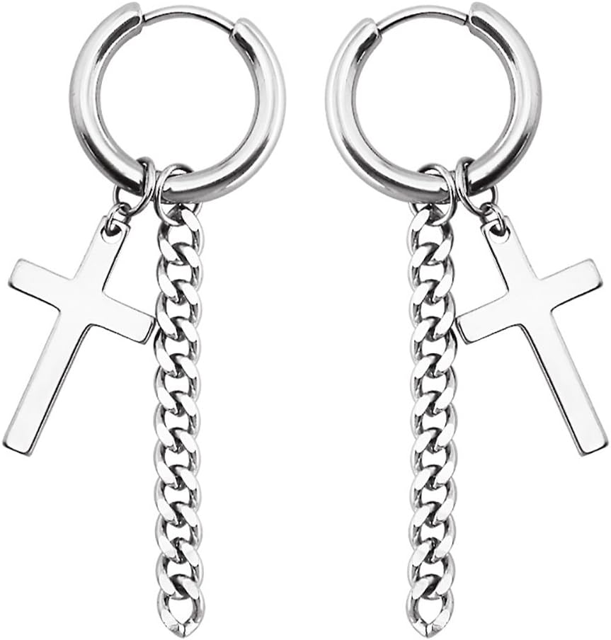 1 Pair Men's Womens Vintage Stainless Steel Cross Dangle Hinged Hoop Earrings