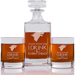 That's What I Do I Drink & I Know Things (Stark) Engraved Decanter and Rocks Glasses, Set of 3