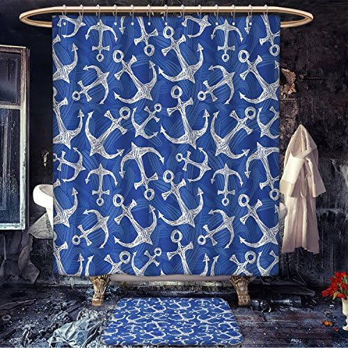 Longbuyer Anchor print Bathroom Accessory Set Sea Anchor with Weird Modern Lines Marine Life Equipments Sailing Hope Image Bathroom Set with Hooks Azure Blue White