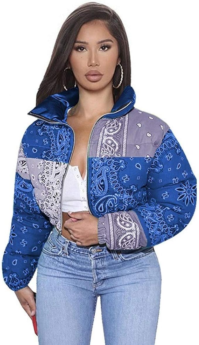 Women Shiny Short Puffer Jackets Bandana Printed Cropped Puffer Jackets Fashion Zip Up Bubble 