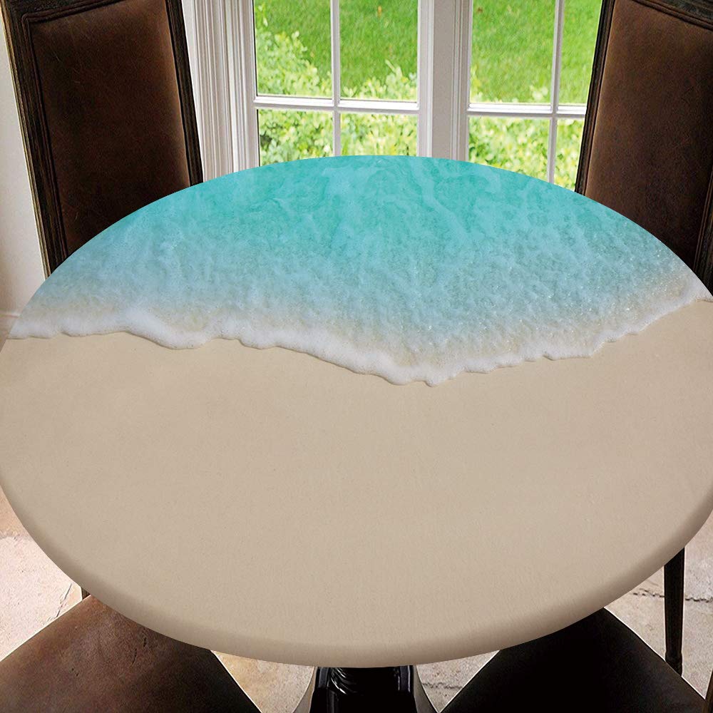 AmaUncle Elastic Edged Waterproof Table Cover Tablecloths Kitchen Decor, Fits for Round Tables - Soft Waves of Blue Sea On The Maldives Beach Tablecloth Size 54"(Fit for 42.2"-46.1" Table) SW175422