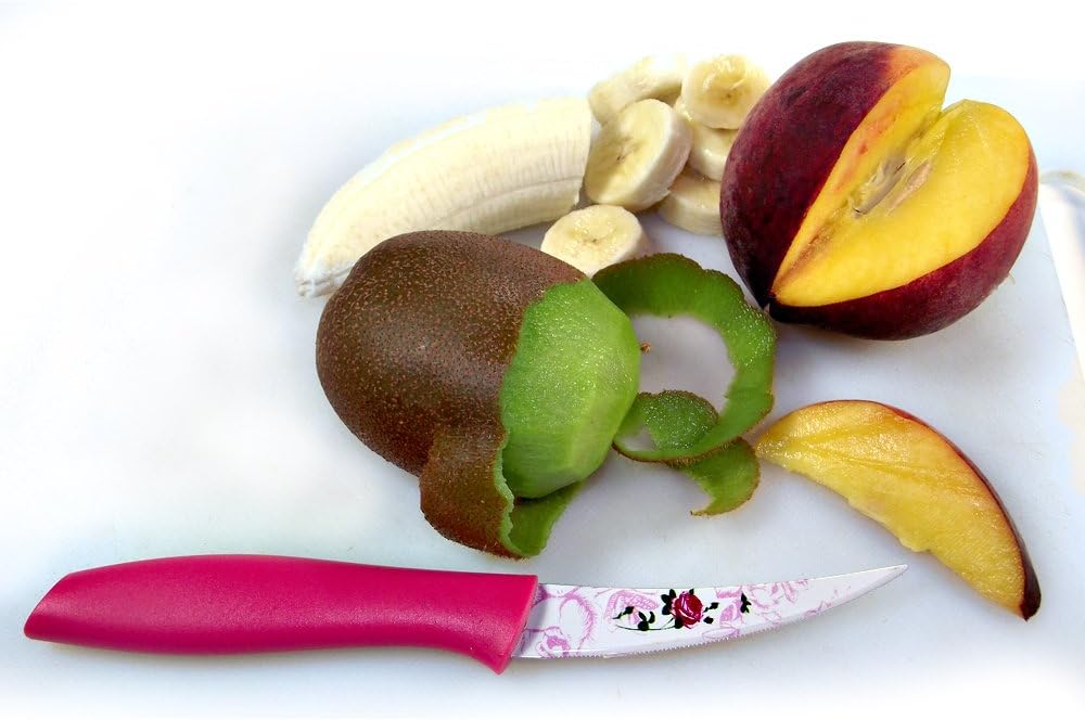 Fruit Knife - 3 inch Sharp Serrated Stainless Steel blade - Ergonomic ceramic handle for Paring, Peeling, Carving, Coring - Pink Kitchen tool for grapefruit, devil fruit, vegetable - Cool Gift box!