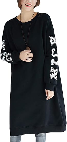 Amazon Gergeousトレーナー レディース 長袖 パーカー ロング丈 丸首 ゆったり チュニック 綿 カジュアル 体型カバー ワンピース 大きいサイズ トップス 春 Freesize黒 ワンピース チュニック 通販