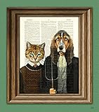 Kennel Gothic Dog and Cat illustration beautifully upcycled dictionary page book art print 'American Gothic'
