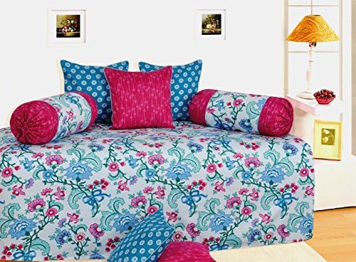Designer White 210 TC Floral Printed Cotton Satin Bedding Diwan Set Of 6 Pcs