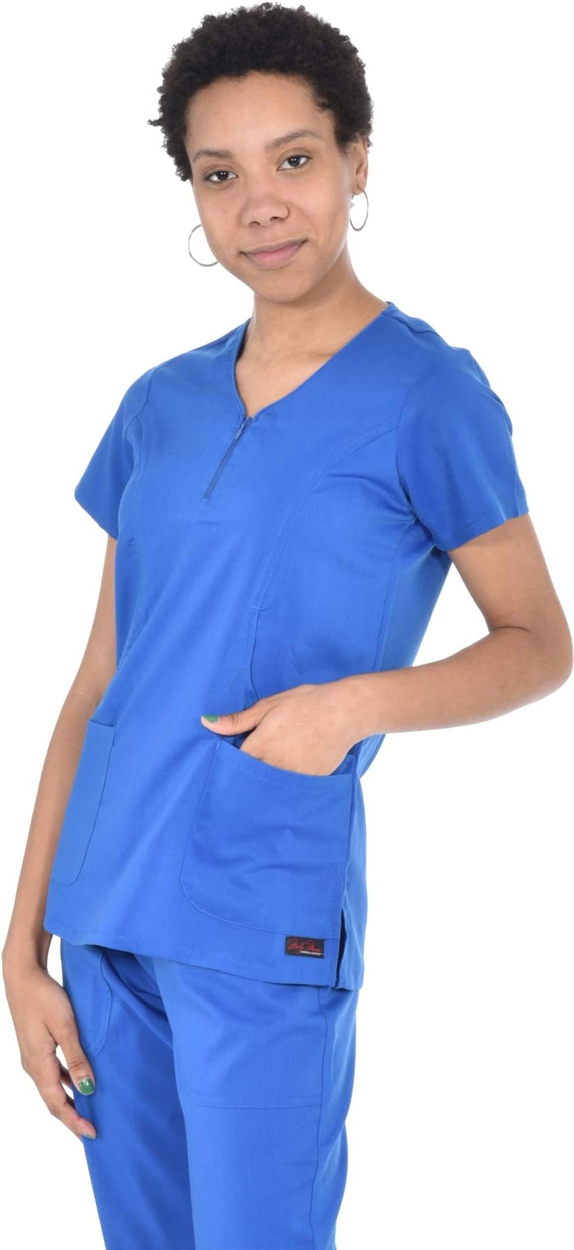 Marilyn Monroe Zip Neck Stretch Medical Scrub Top with Four Pockets, Royal, M