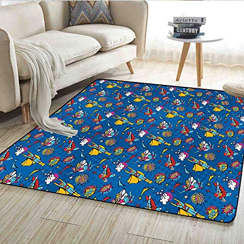 Floor Mat,Flying Superhumans Male Female Super-Heroine Fiction Comics Graphic,Rugs for Bedroom,Violet Blue Earth Yellow 48"x70"