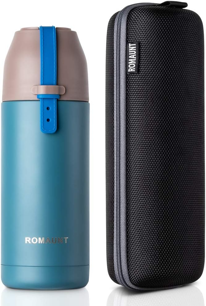 ROMAUNT Vacuum Insulated Water Bottle Double Wall Stainless Steel Travel Mug with Handle and Hard Carrying Case, Keeps Drinks Hot and Cold 350Ml/ 12Oz (Blue)