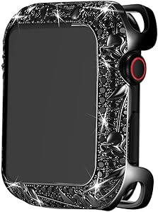 Bling Cases Compatible for Apple Watch 38mm 40mm 42mm 44mm, Rhinestone Crystal Diamond Stainless Steel Cover Protector for iWatch Series 6 SE Series 5 Series 4 Series 3/2/1, Black Flower, 38 mm