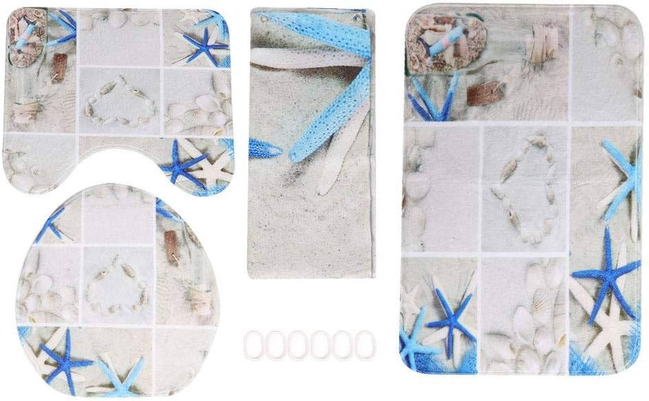 Ichiias Bathroom Mat Set, 4pcs/Set Colorful Starfish Shower Curtain Pedestal Rug Lid Toilet Cover Mat Non-Slip Bath Mat