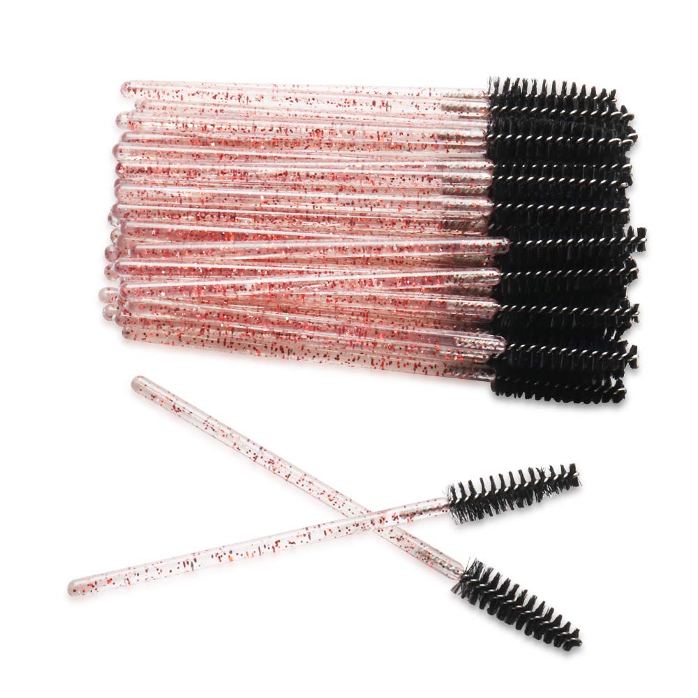 300 Pack Mascara Wands for Lash Extensions Disposable Eyelash Brushes Makeup Applicators Tool, Crystal Pink Handle Black Brush Head
