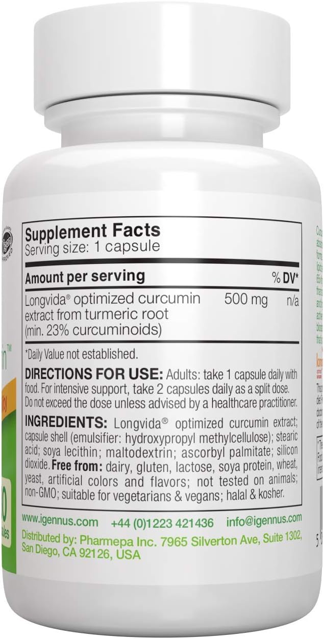 Igennus Longvida Lipidated Curcumin 500mg, Ultra Bioavailable & Sustained Action, Vegan – 30 Capsules: Health & Personal Care