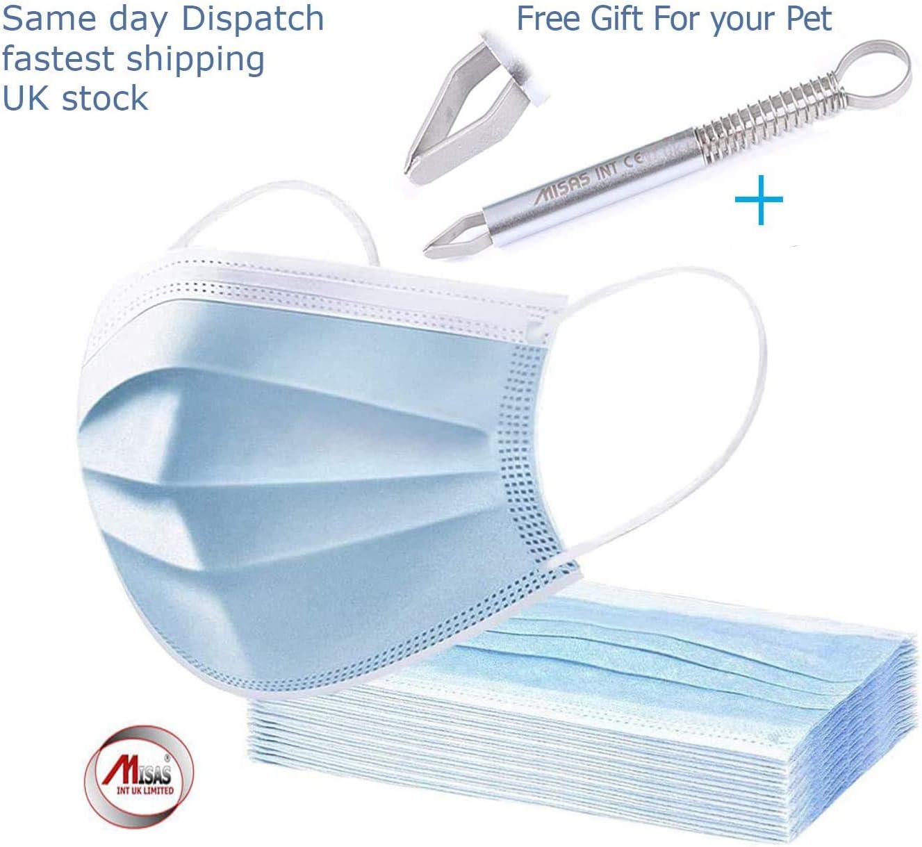 UK Stock Fast Ship Protection Mask 3-Ply by MISAS INT Ear_Loop Blue Disposable Surgical Masks Supplied in Sealed Bag - Pack of 10 - UK Stock Fast Ship with Free Gift for Your pet