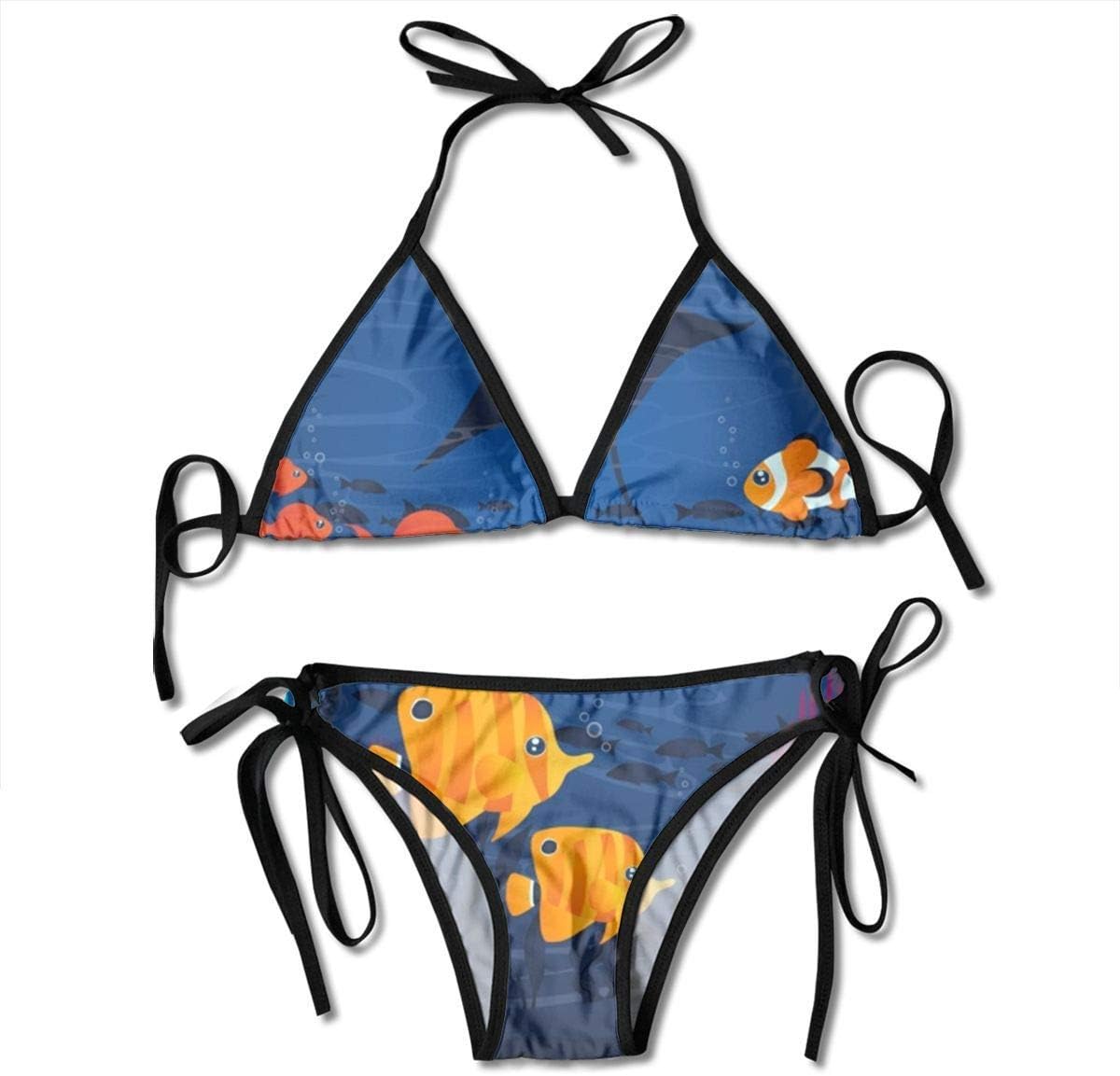 Hoklcvd Women Sexy Swimwear Set Underwater Colorful Fishes Tie Side Padding Bathing Swimsuit