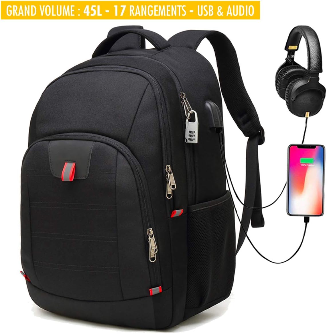 Sac à Dos Antivol Grande Capacité - Compartiment Ordinateur 14 Pouces, Nylon Léger, Bretelles Réglables Et Sangle Pour Valise - Pour Homme Et Femme, Usage Quotidien Ou Voyage